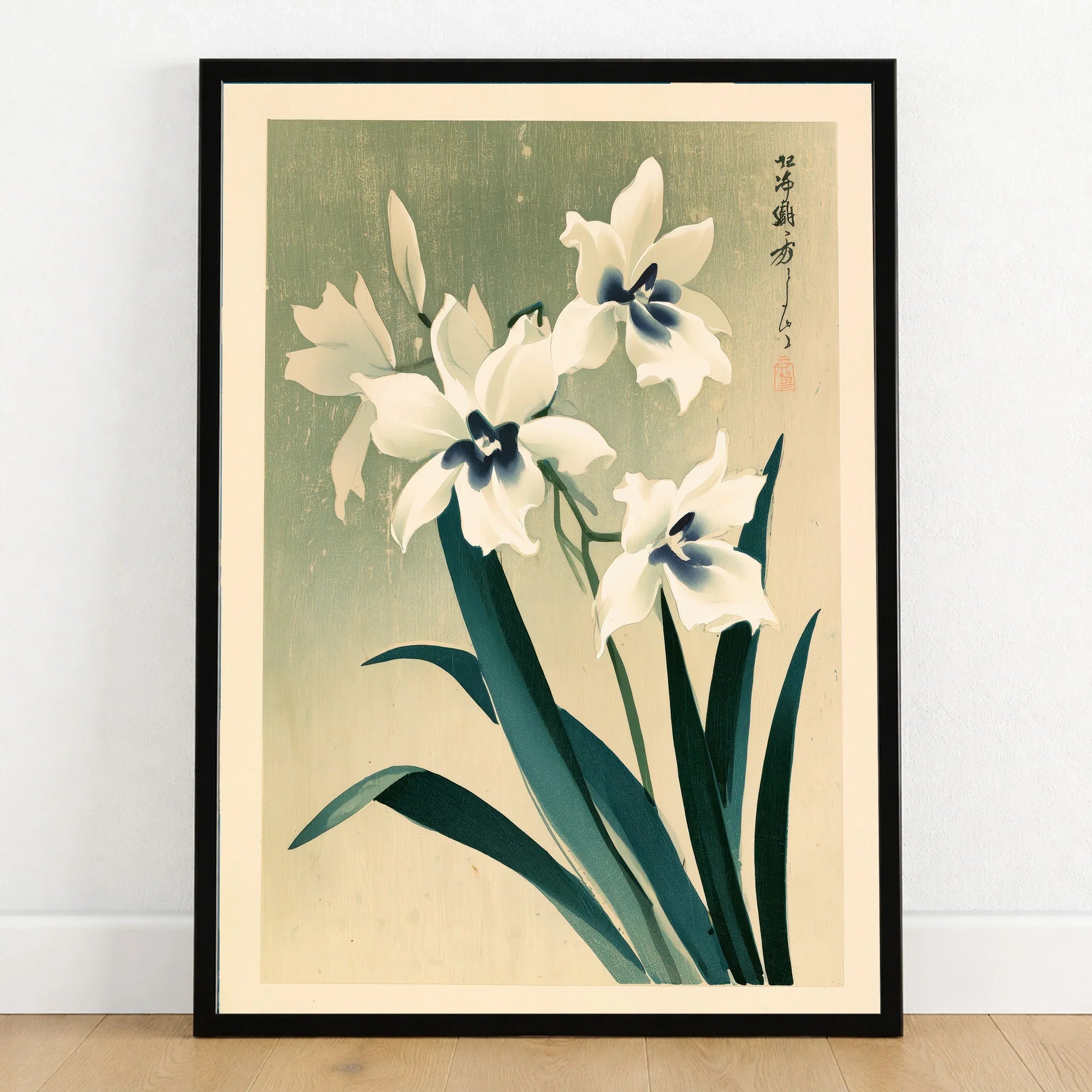 Japanese Orchid Art Print – Green Vintage Flower Wall Art — art print in black frame on wooden floor
