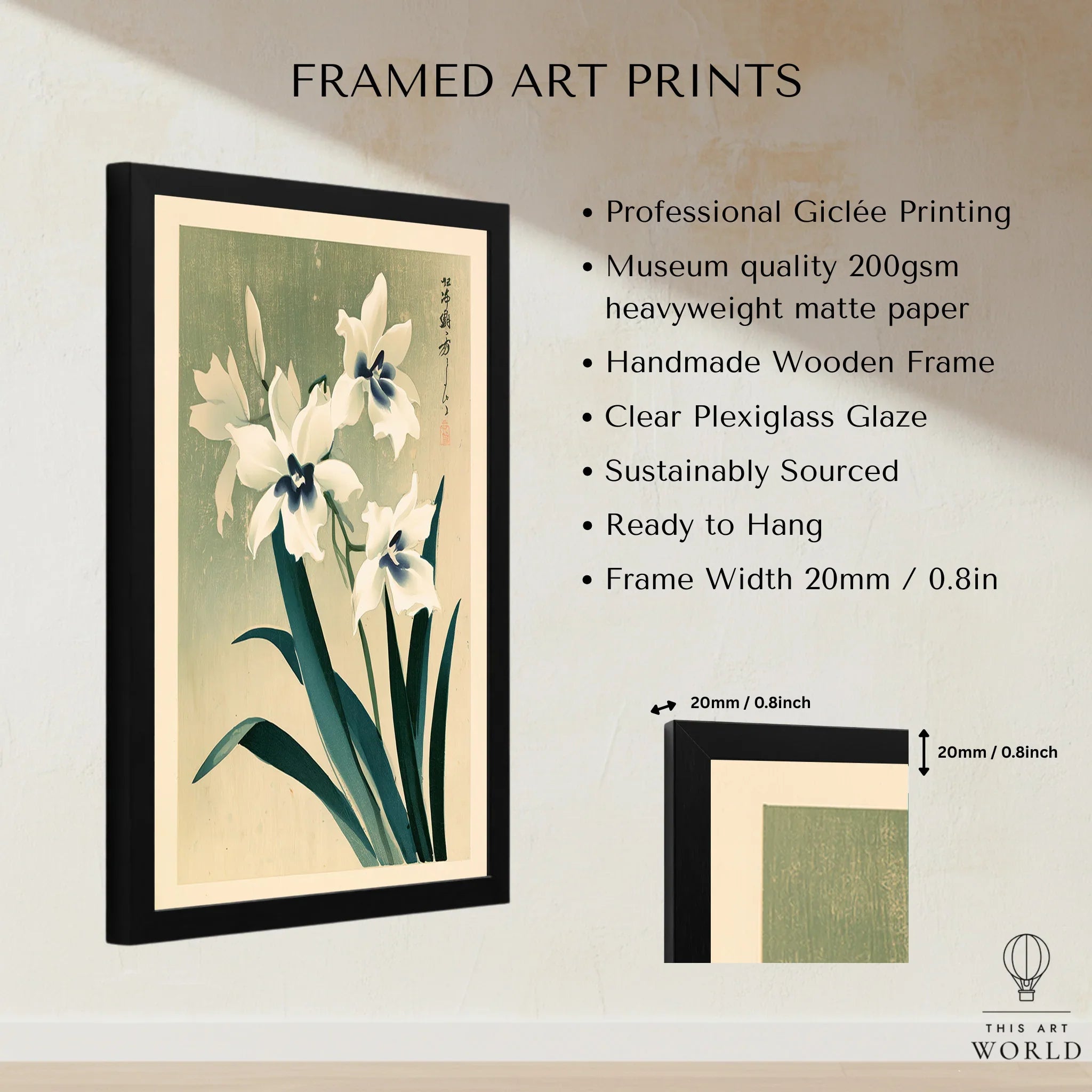 Japanese Orchid Art Print – Green Vintage Flower Wall Art — framed print details measurements quality details