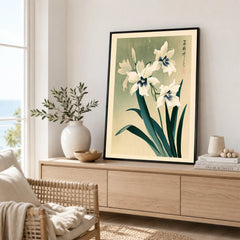 Japanese Orchid Art Print – Green Vintage Flower Wall Art — framed artwork living room lifestyle setting