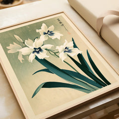 Japanese Orchid Art Print – Green Vintage Flower Wall Art — framed art print closeup gift unwrapped natural frame