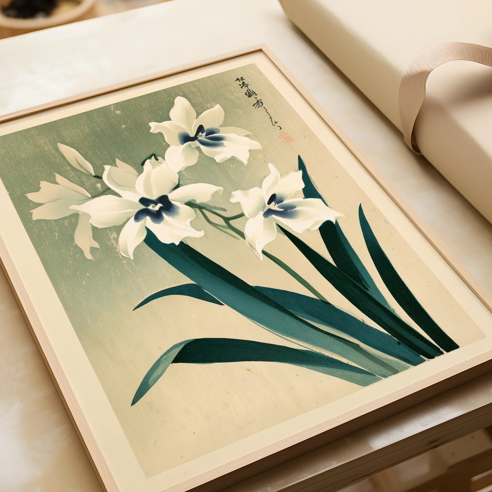 Japanese Orchid Art Print – Green Vintage Flower Wall Art — framed art print closeup gift unwrapped natural frame