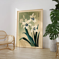 Japanese Orchid Art Print – Green Vintage Flower Wall Art — large framed print room setting chair plant