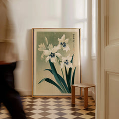 Japanese Orchid Art Print – Green Vintage Flower Wall Art — framed canvas on floor man walking past