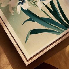 Japanese Orchid Art Print – Green Vintage Flower Wall Art — closeup framed canvas natural wood floating frame