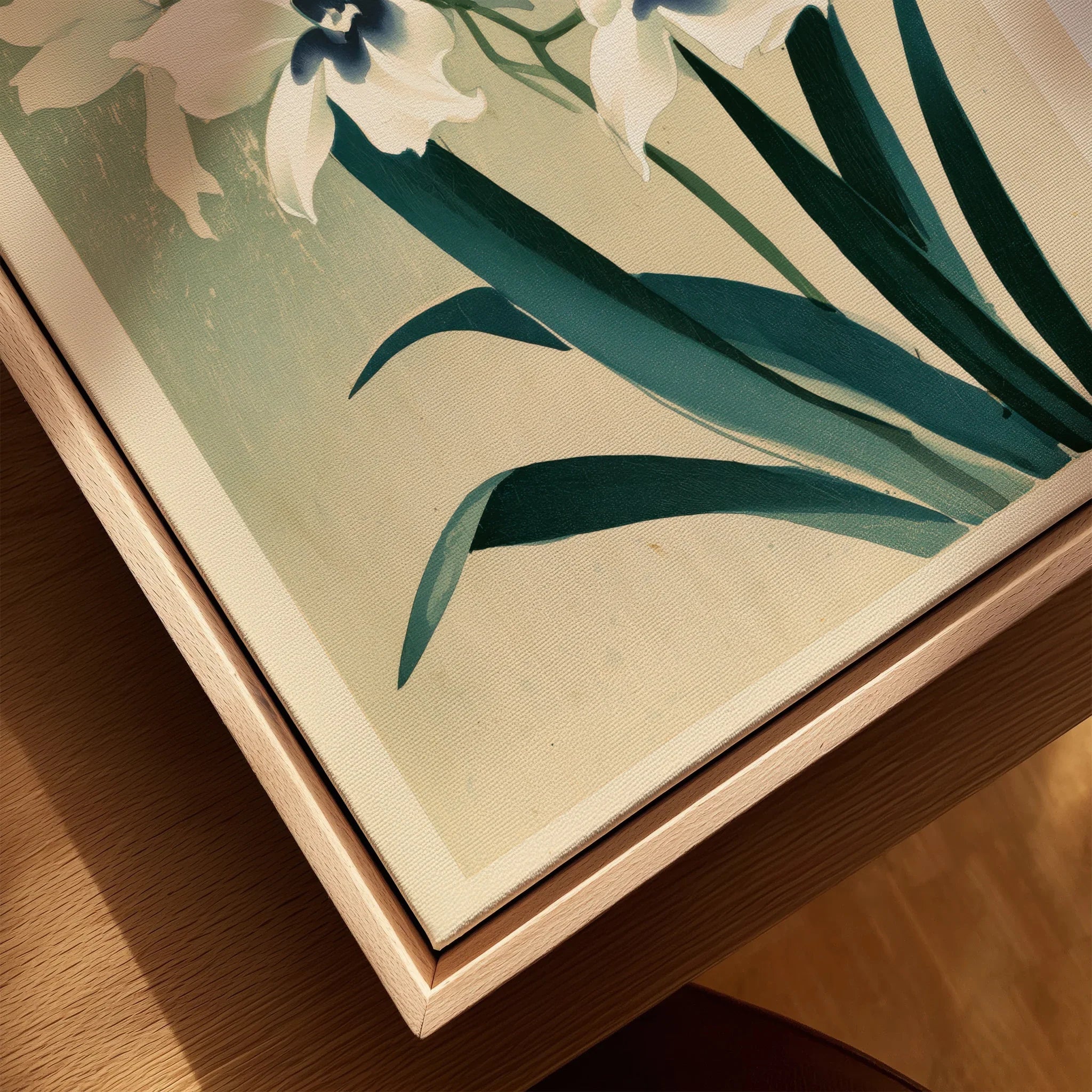 Japanese Orchid Art Print – Green Vintage Flower Wall Art — closeup framed canvas natural wood floating frame