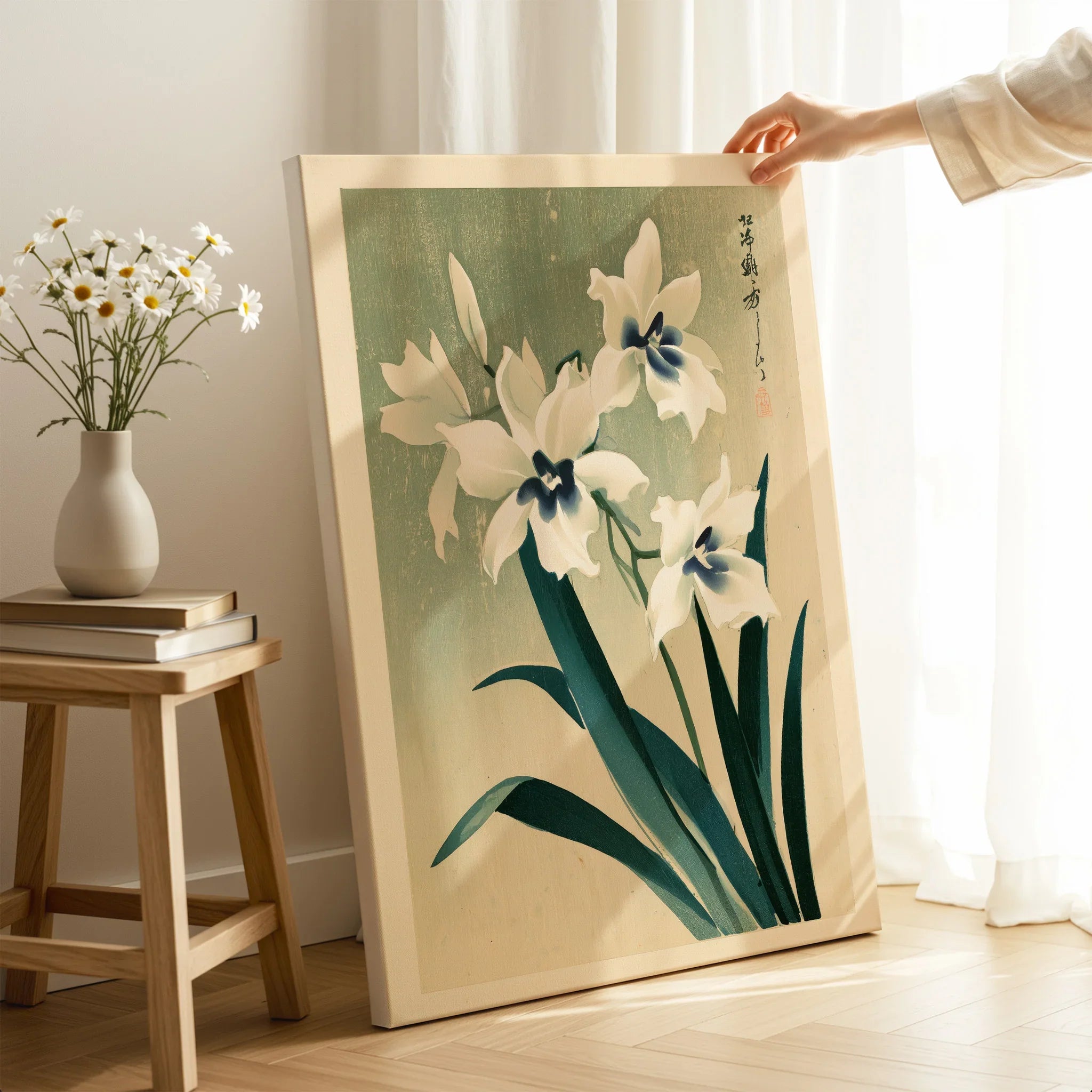 Japanese Orchid Art Print – Green Vintage Flower Wall Art — canvas print mirror edge hand holding room setting