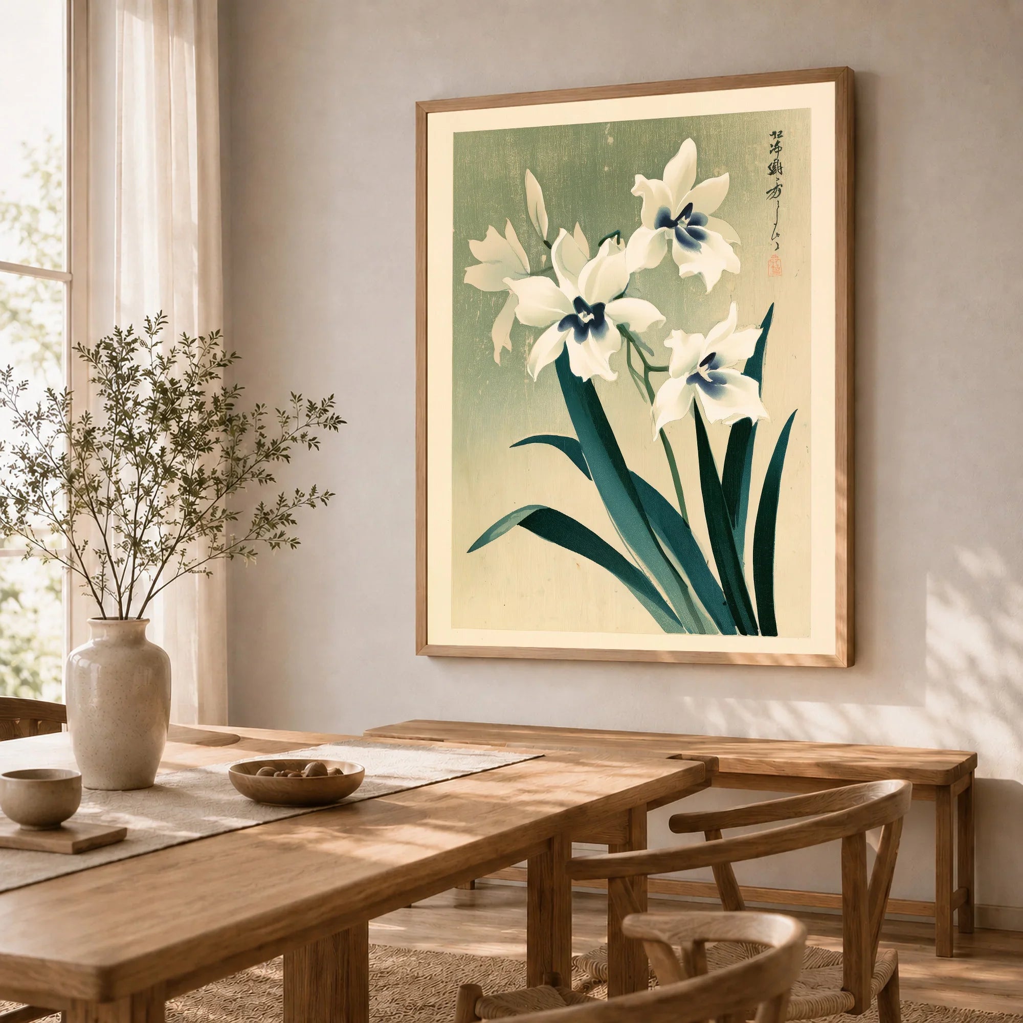 Japanese Orchid Art Print – Green Vintage Flower Wall Art — dining room framed print natural wood frame
