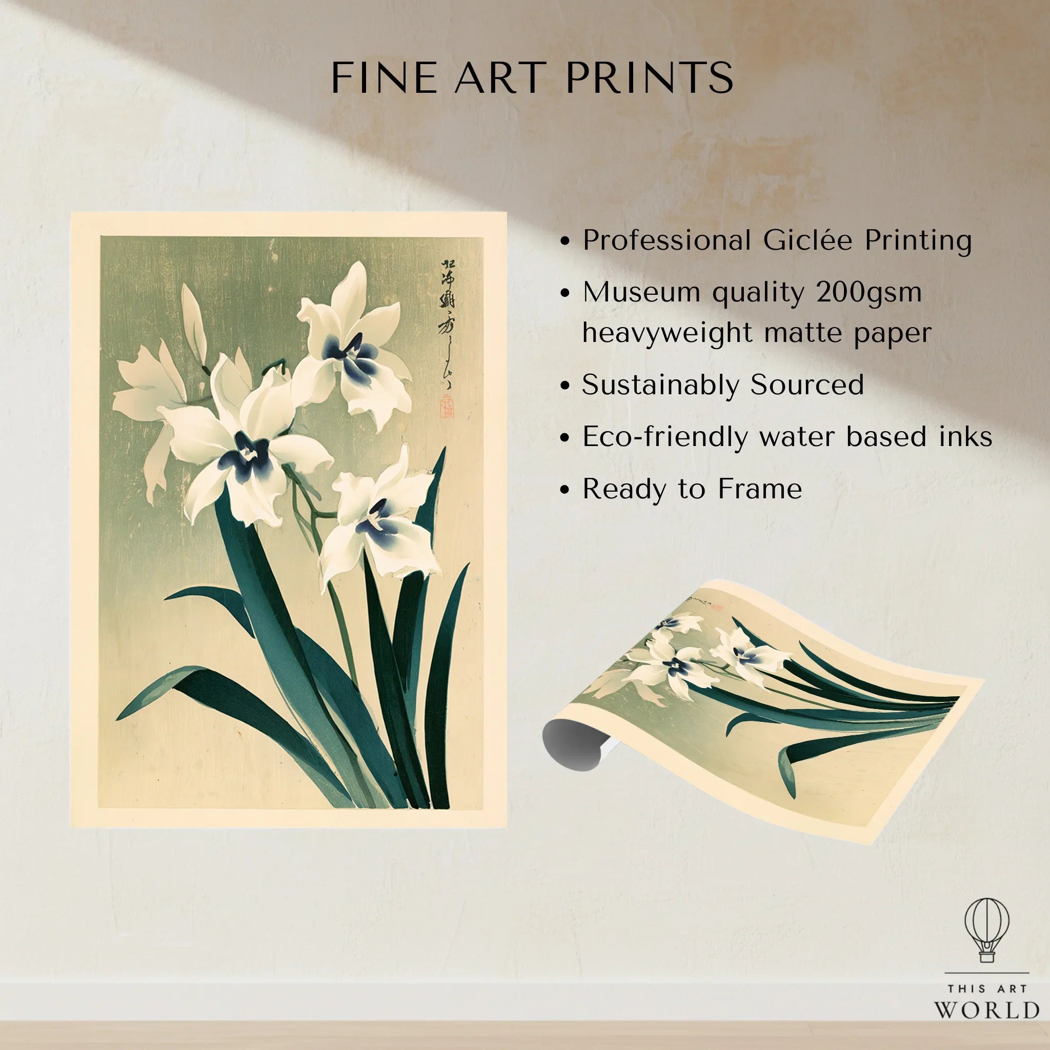 Japanese Orchid Art Print – Green Vintage Flower Wall Art — fine art print unframed quality details
