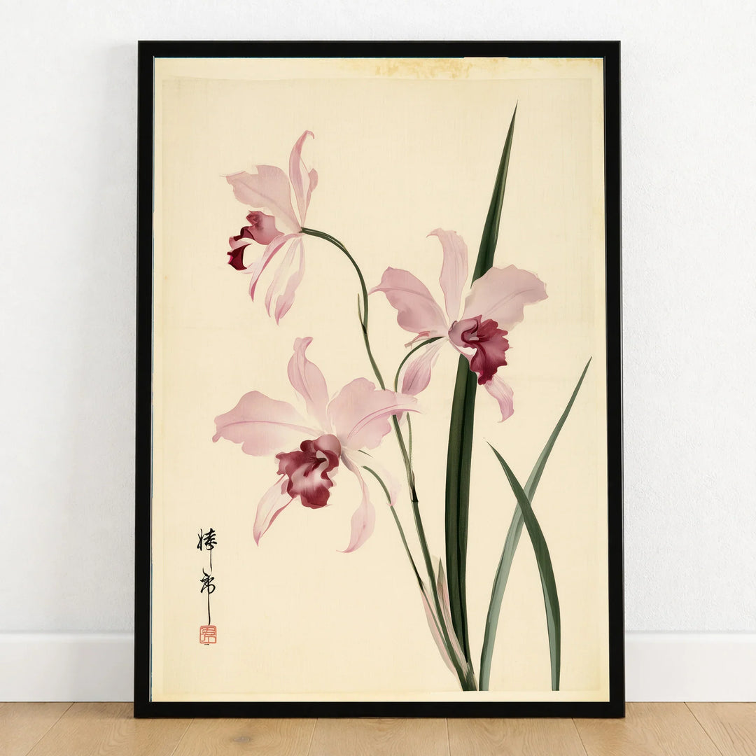 Pink Orchid Art Print – Vintage Japanese Botanical Wall Art — art print in black frame on wooden floor