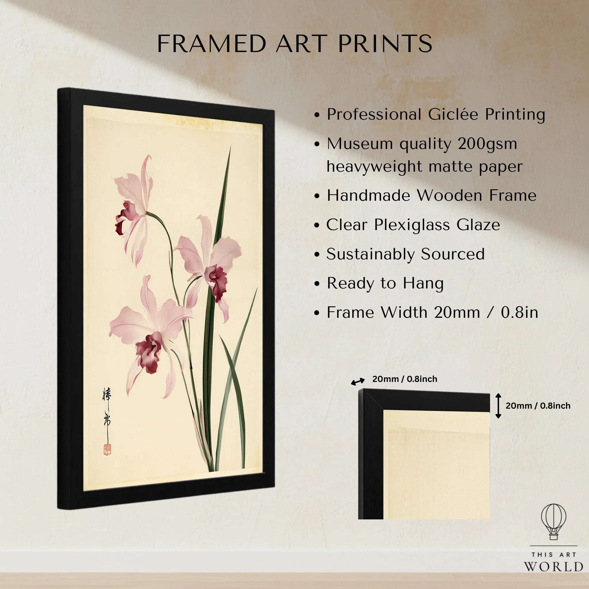 Pink Orchid Art Print – Vintage Japanese Botanical Wall Art — framed print details measurements quality details