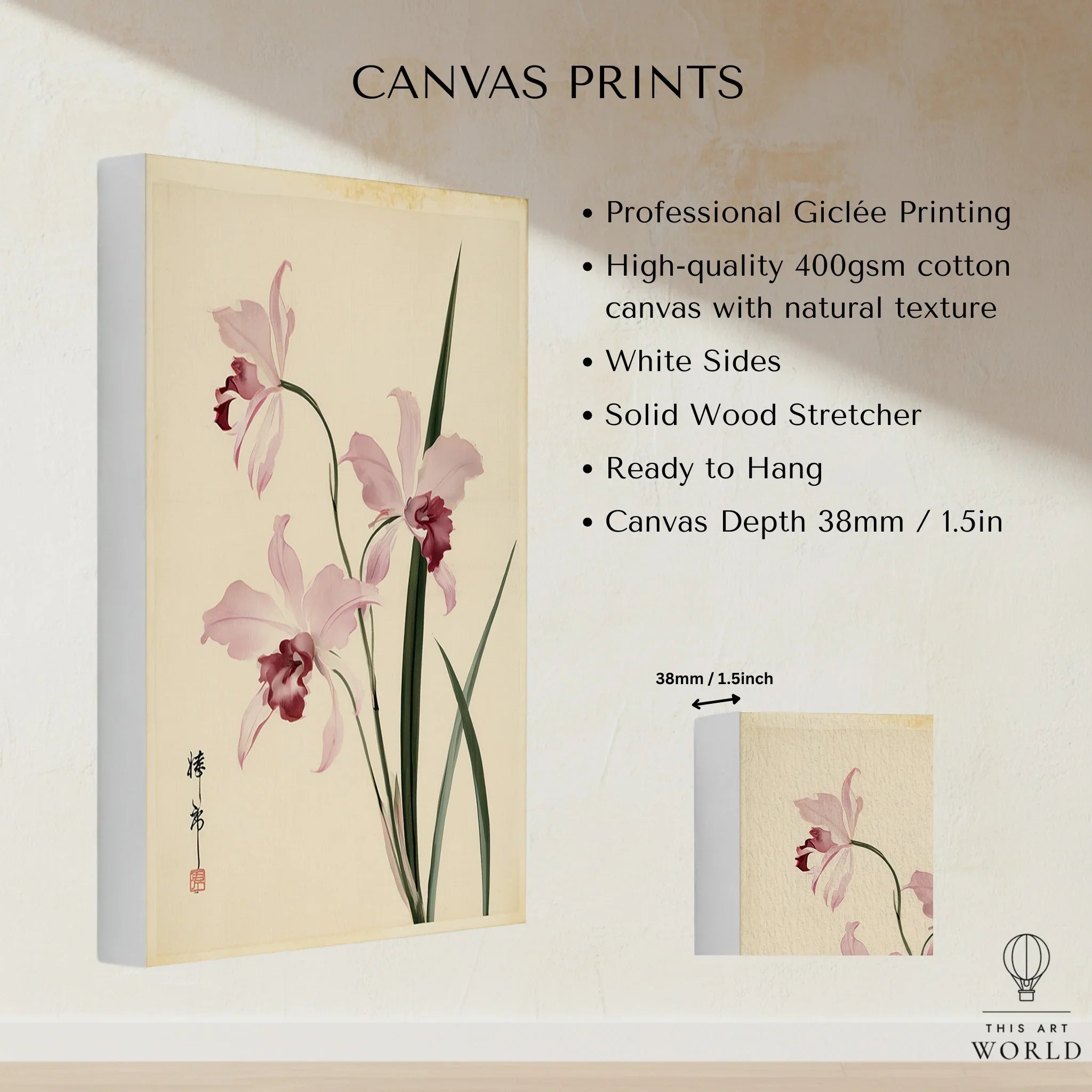 Pink Orchid Art Print – Vintage Japanese Botanical Wall Art — canvas print stretched cotton canvas details