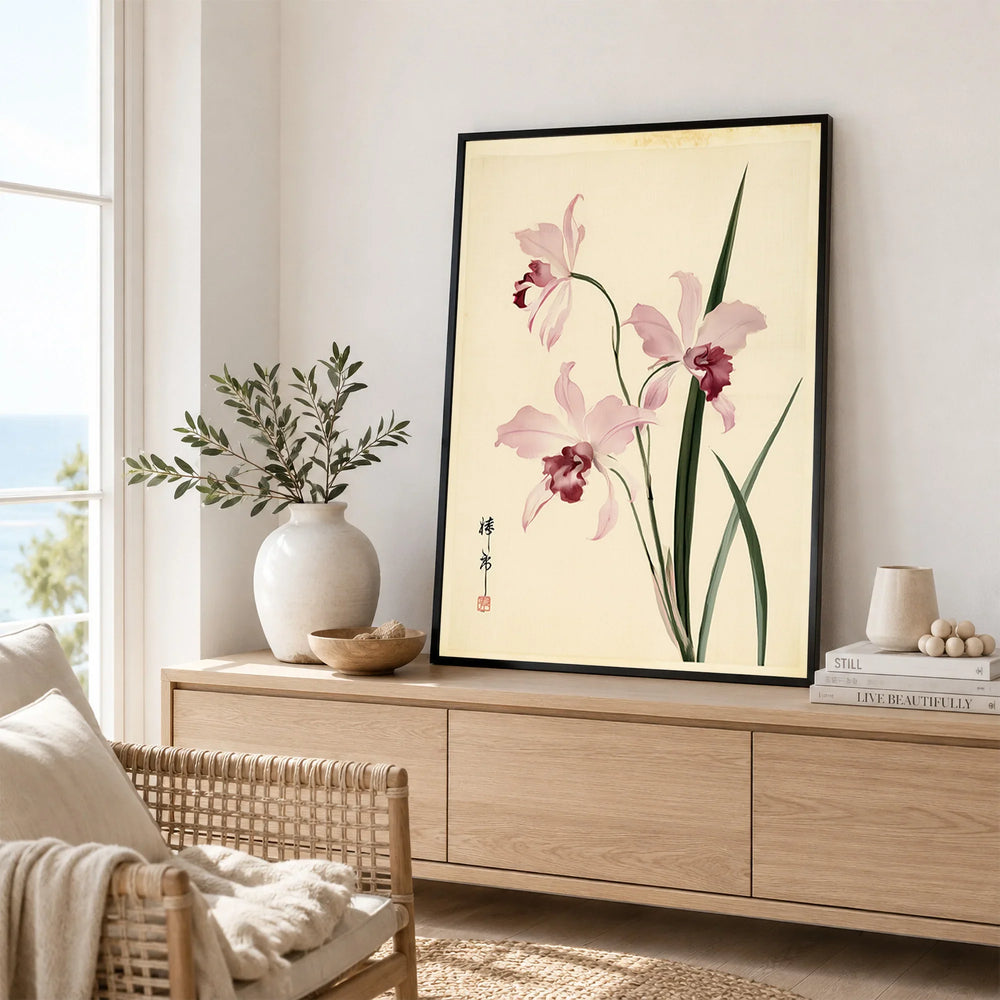 Pink Orchid Art Print – Vintage Japanese Botanical Wall Art — framed artwork living room lifestyle setting