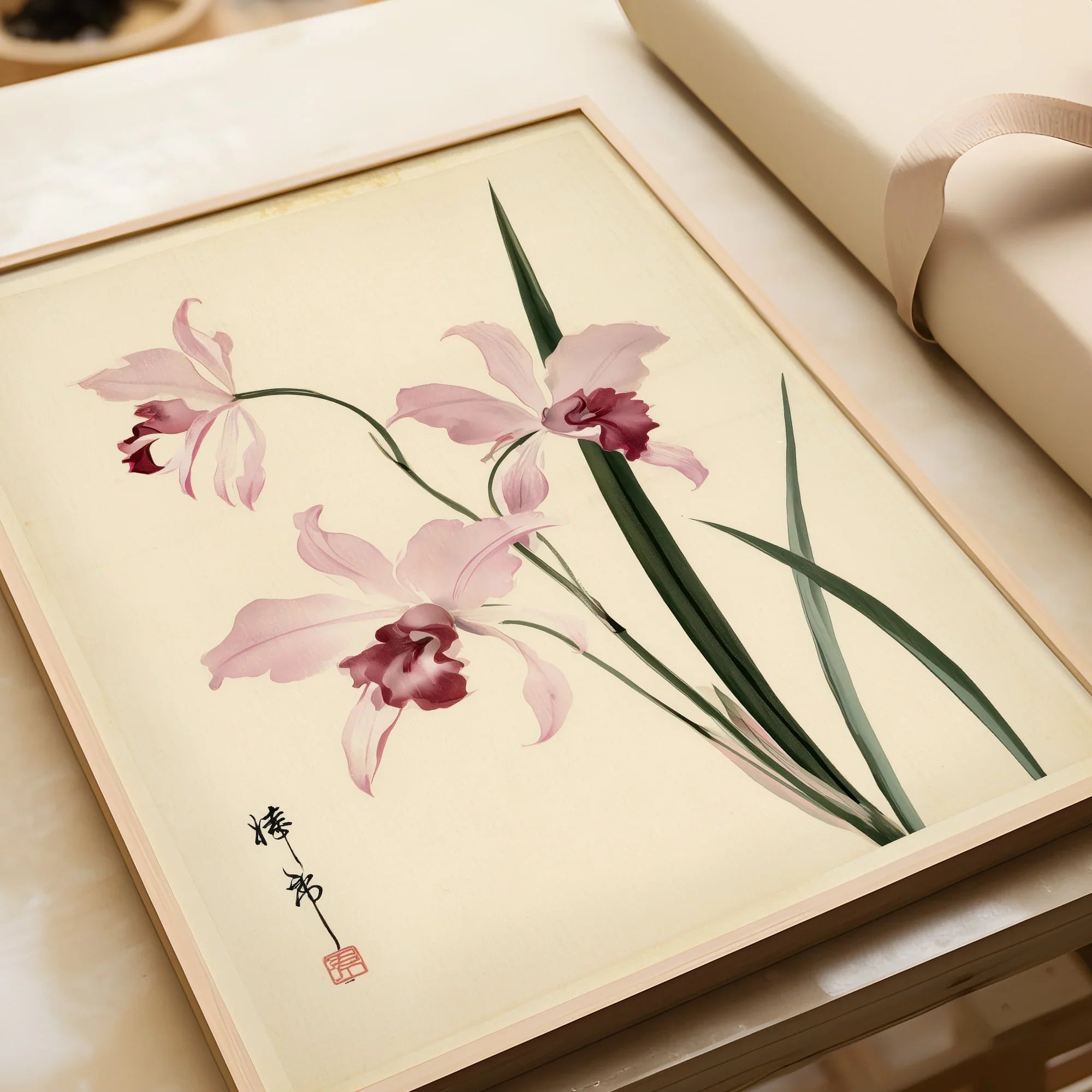 Pink Orchid Art Print – Vintage Japanese Botanical Wall Art — framed art print closeup gift unwrapped natural frame