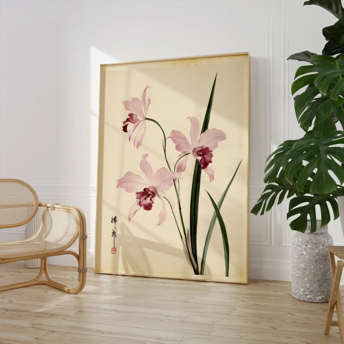 Pink Orchid Art Print – Vintage Japanese Botanical Wall Art — large framed print room setting chair plant