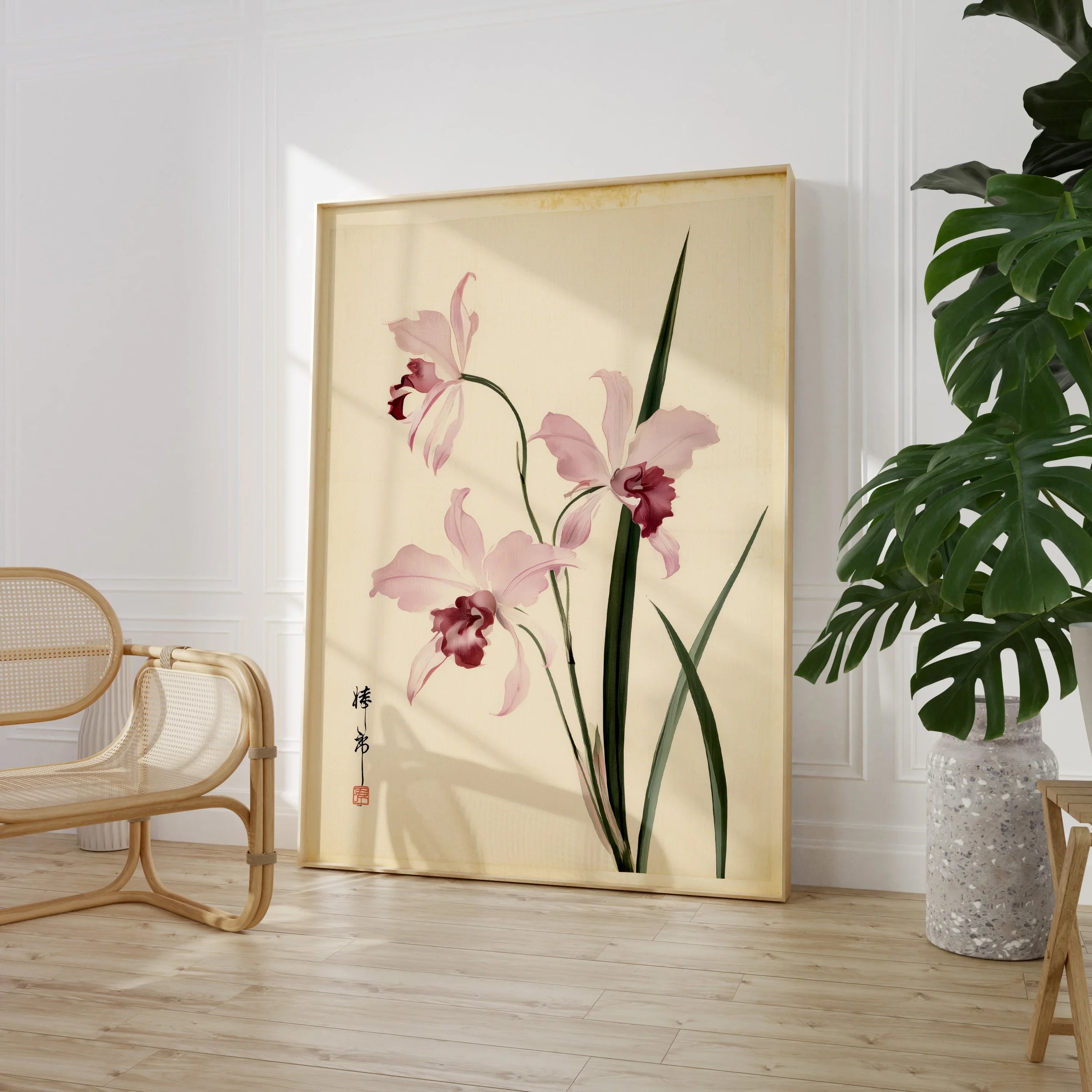 Pink Orchid Art Print – Vintage Japanese Botanical Wall Art — large framed print room setting chair plant