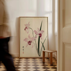 Pink Orchid Art Print – Vintage Japanese Botanical Wall Art — framed canvas on floor man walking past