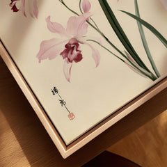 Pink Orchid Art Print – Vintage Japanese Botanical Wall Art — closeup framed canvas natural wood floating frame