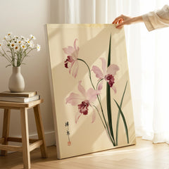 Pink Orchid Art Print – Vintage Japanese Botanical Wall Art — canvas print mirror edge hand holding room setting