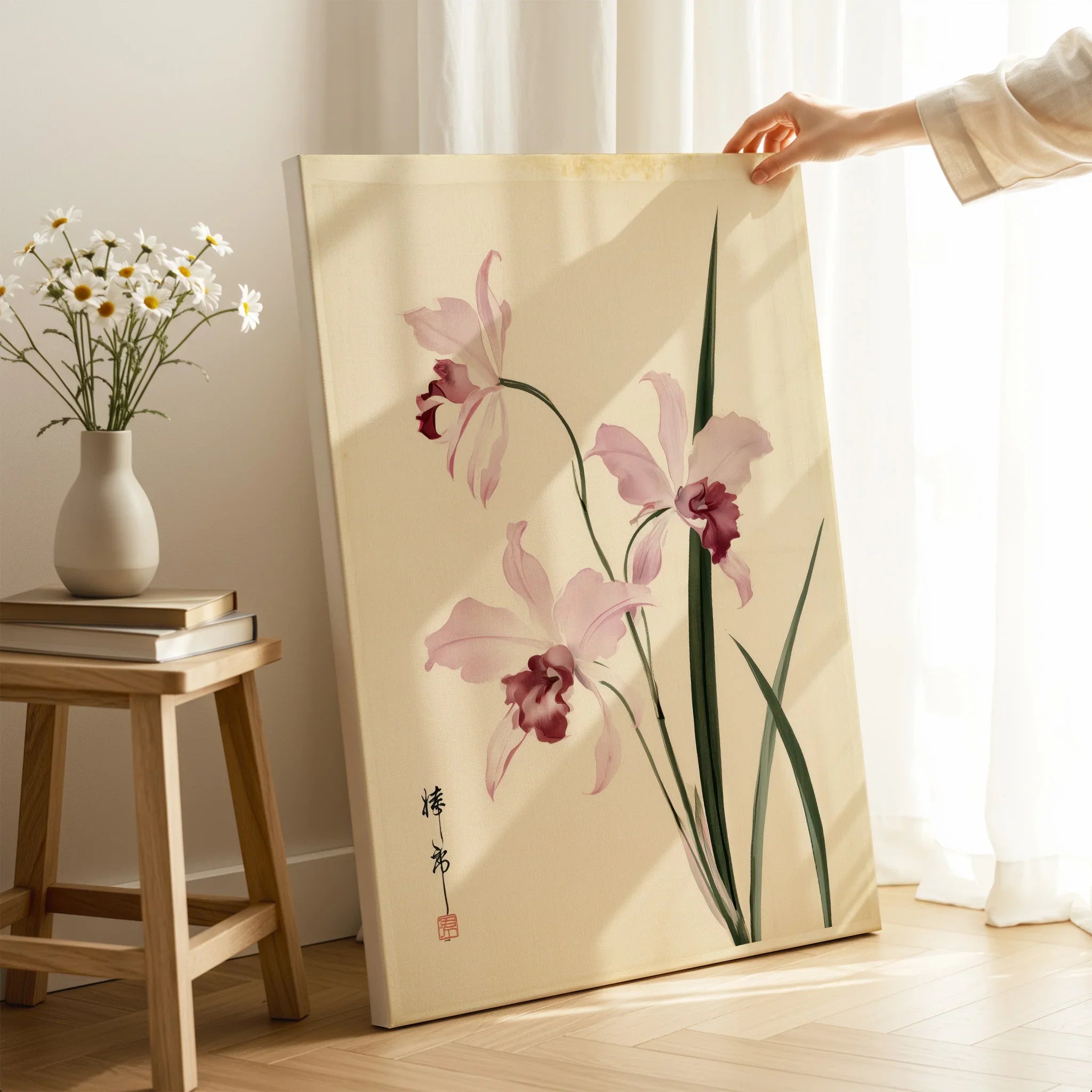 Pink Orchid Art Print – Vintage Japanese Botanical Wall Art — canvas print mirror edge hand holding room setting