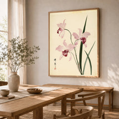 Pink Orchid Art Print – Vintage Japanese Botanical Wall Art — dining room framed print natural wood frame