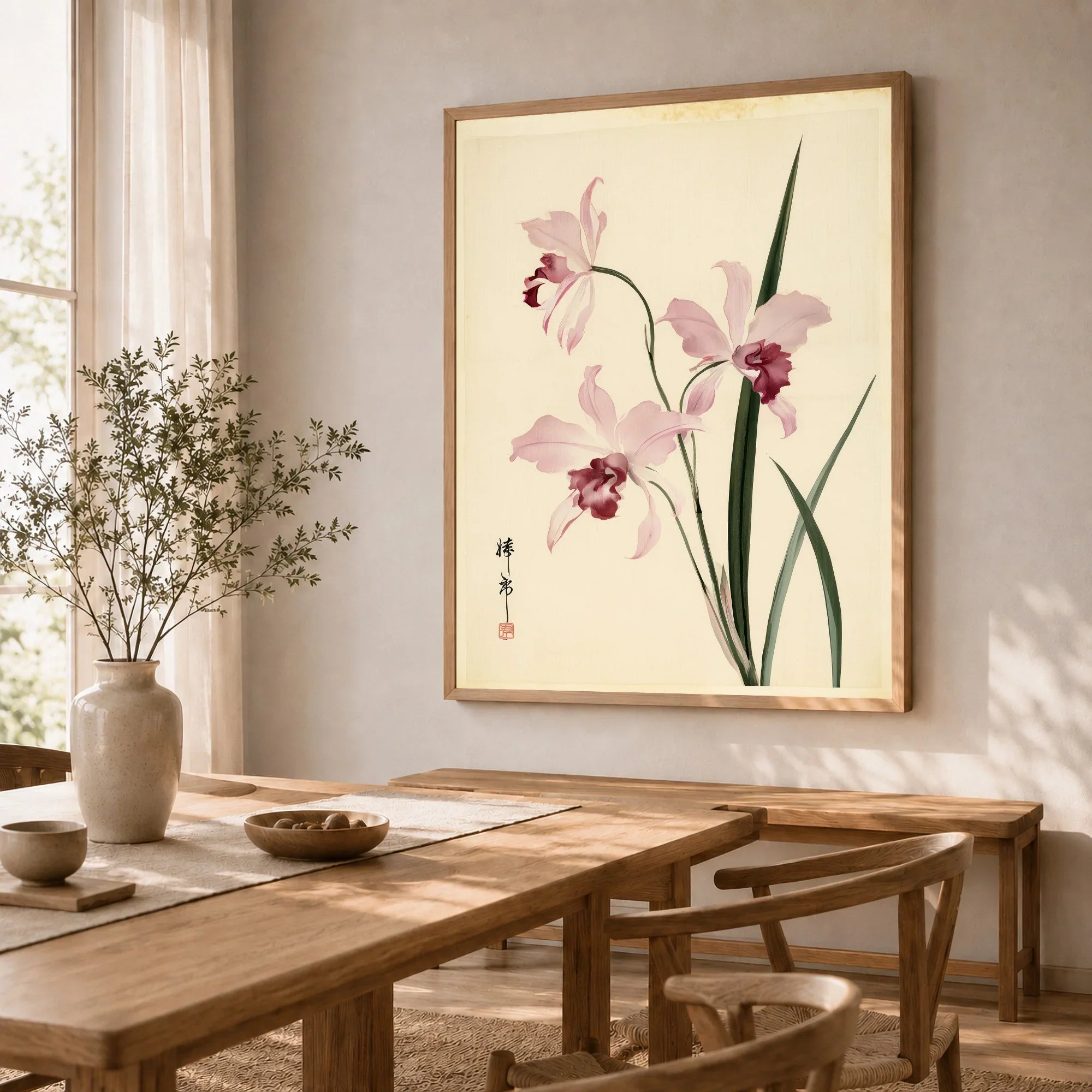 Pink Orchid Art Print – Vintage Japanese Botanical Wall Art — dining room framed print natural wood frame