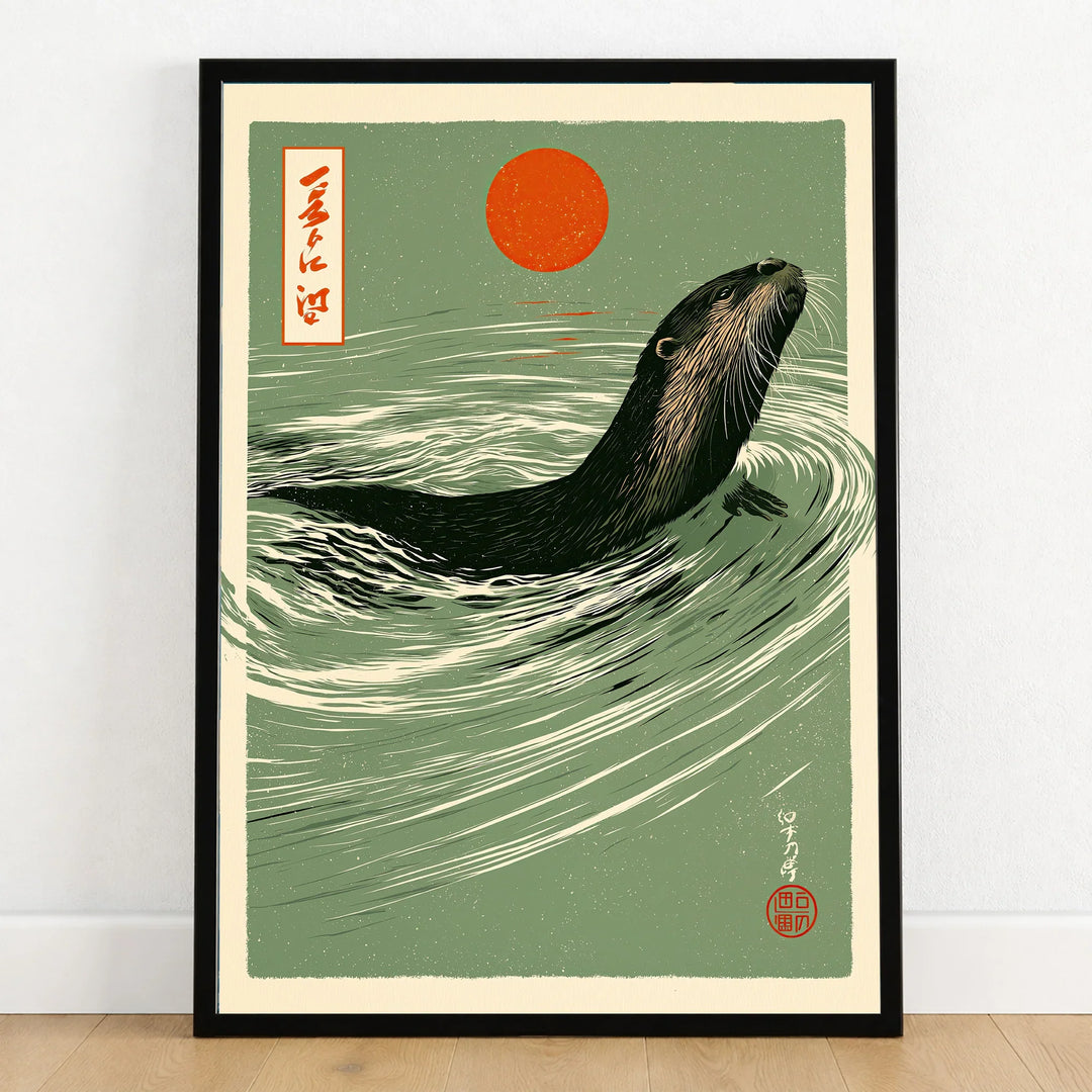 Japanese Otter Art Print – Vintage Wave Wall Art — art print in black frame on wooden floor