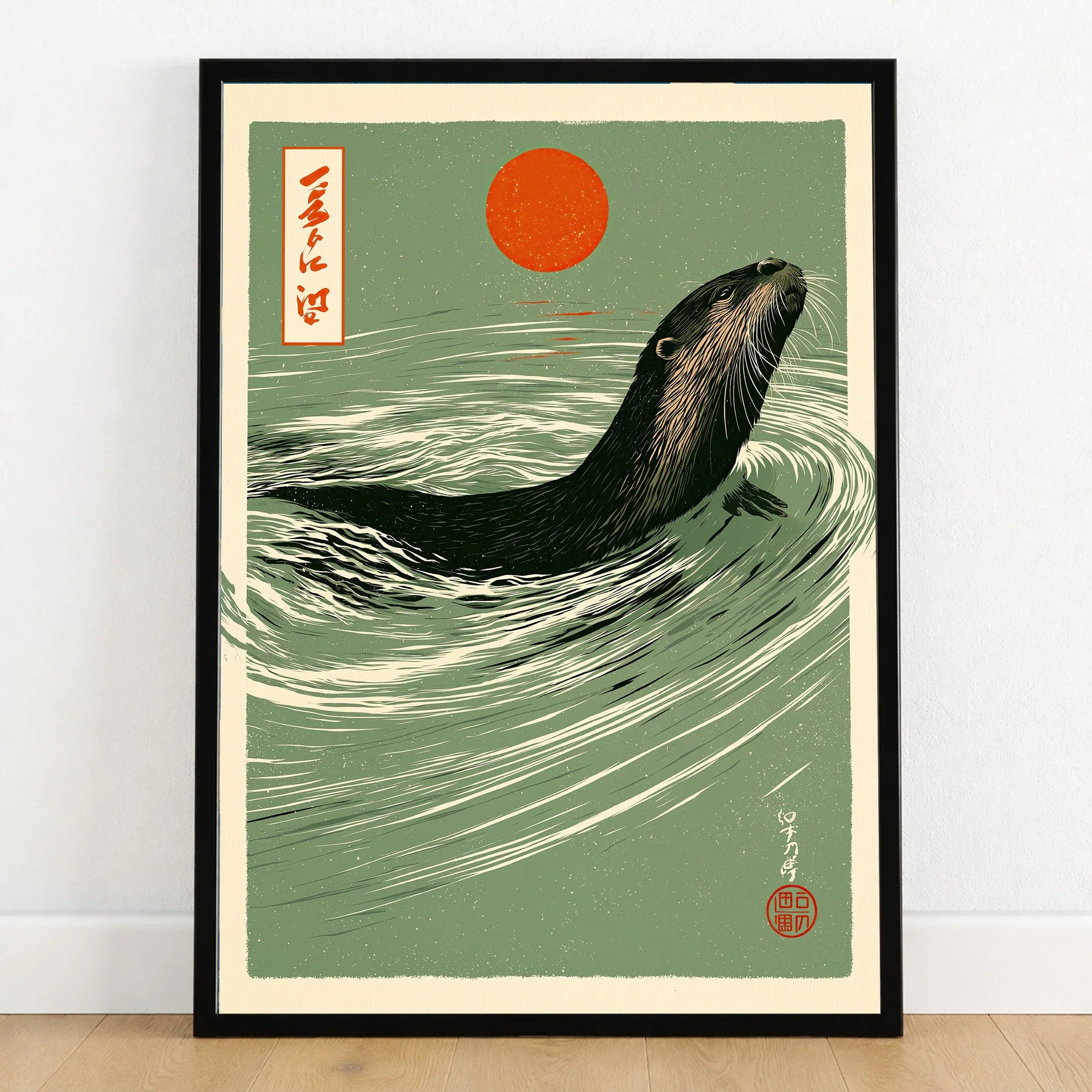Japanese Otter Art Print – Vintage Wave Wall Art — art print in black frame on wooden floor