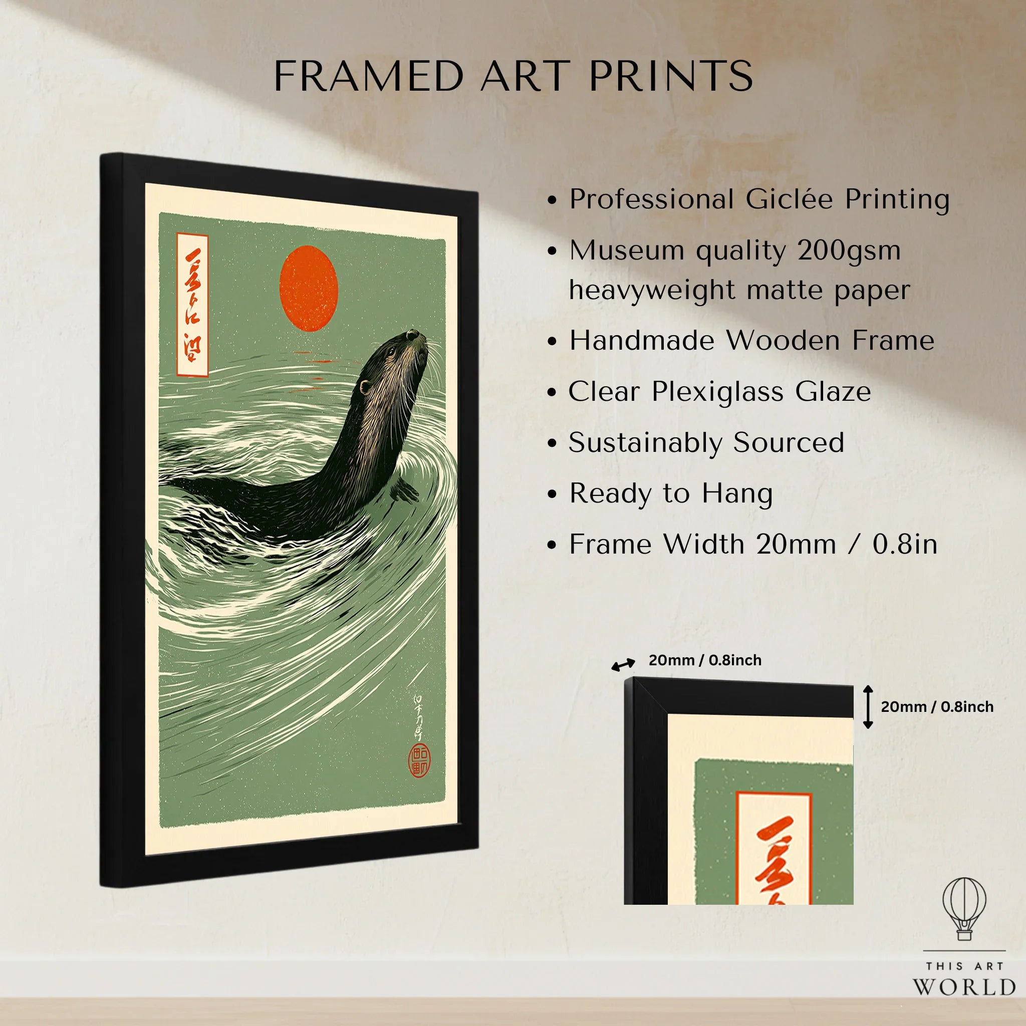 Japanese Otter Art Print – Vintage Wave Wall Art — framed print details measurements quality details