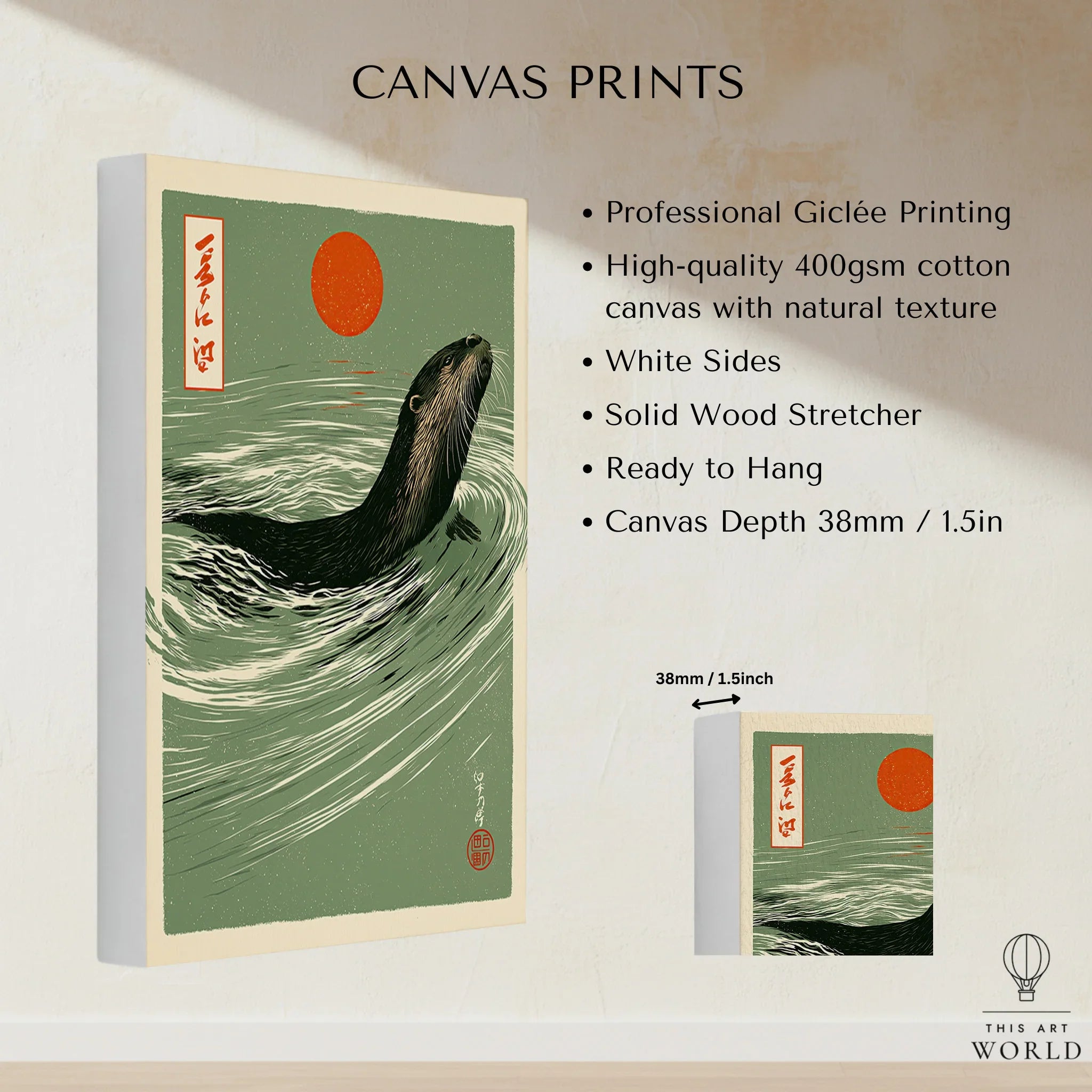 Japanese Otter Art Print – Vintage Wave Wall Art — canvas print stretched cotton canvas details