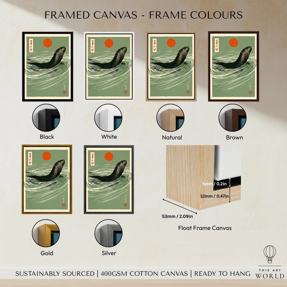 Japanese Otter Art Print – Vintage Wave Wall Art — framed canvas float frame colour options