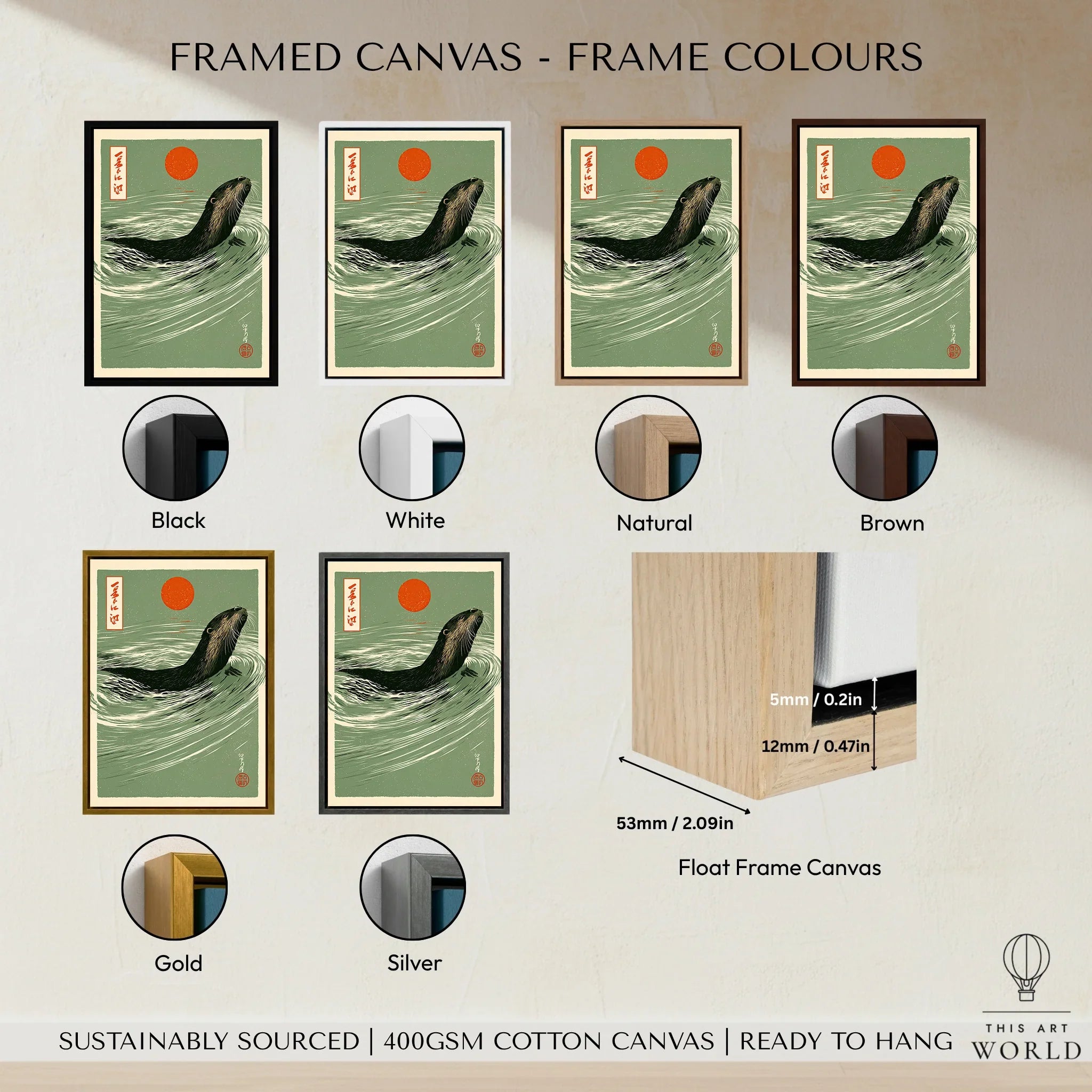 Japanese Otter Art Print – Vintage Wave Wall Art — framed canvas float frame colour options