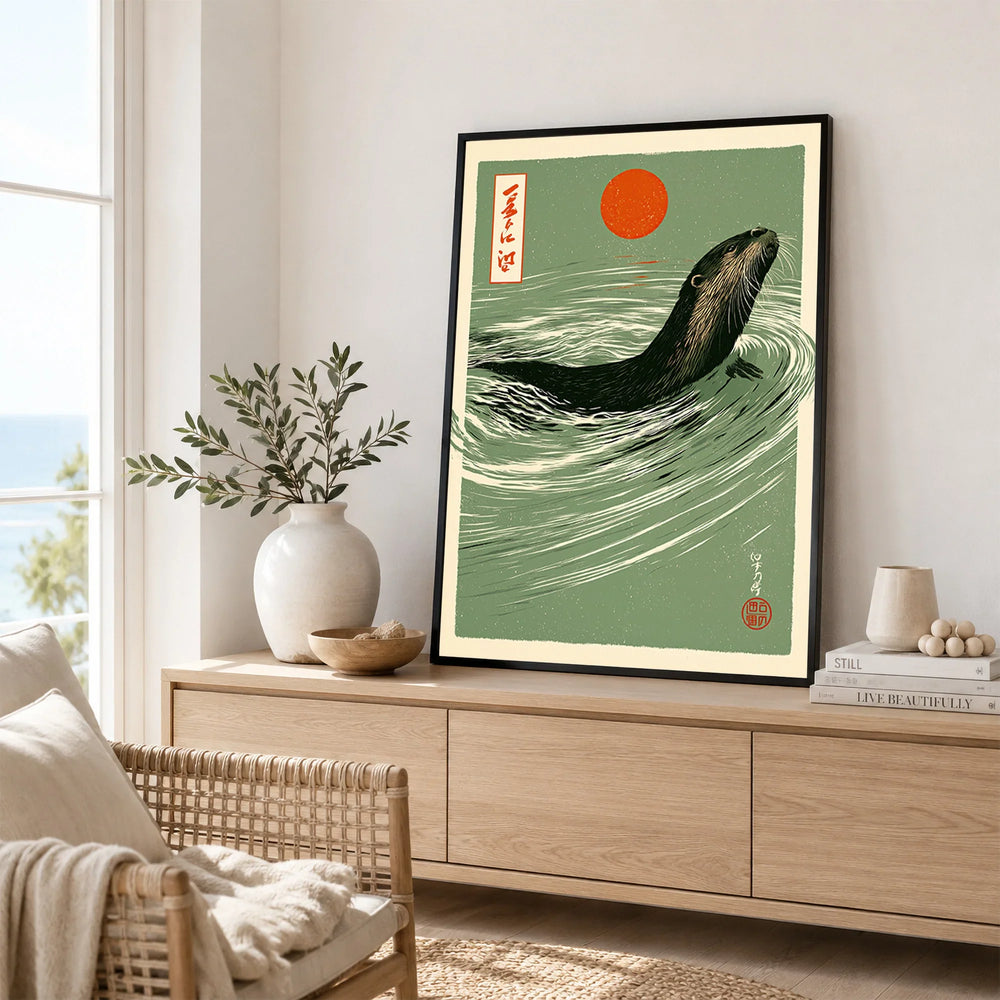 Japanese Otter Art Print – Vintage Wave Wall Art — framed artwork living room lifestyle setting