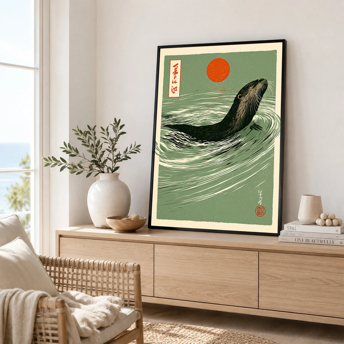 Japanese Otter Art Print – Vintage Wave Wall Art — framed artwork living room lifestyle setting