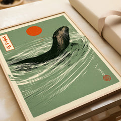 Japanese Otter Art Print – Vintage Wave Wall Art — framed art print closeup gift unwrapped natural frame