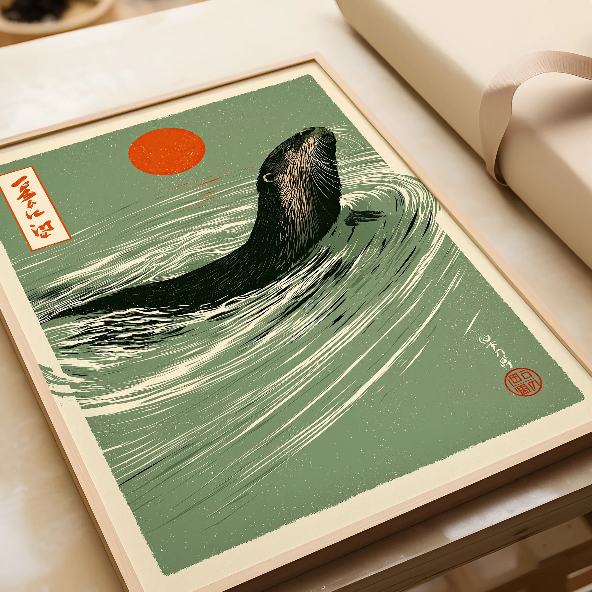 Japanese Otter Art Print – Vintage Wave Wall Art — framed art print closeup gift unwrapped natural frame