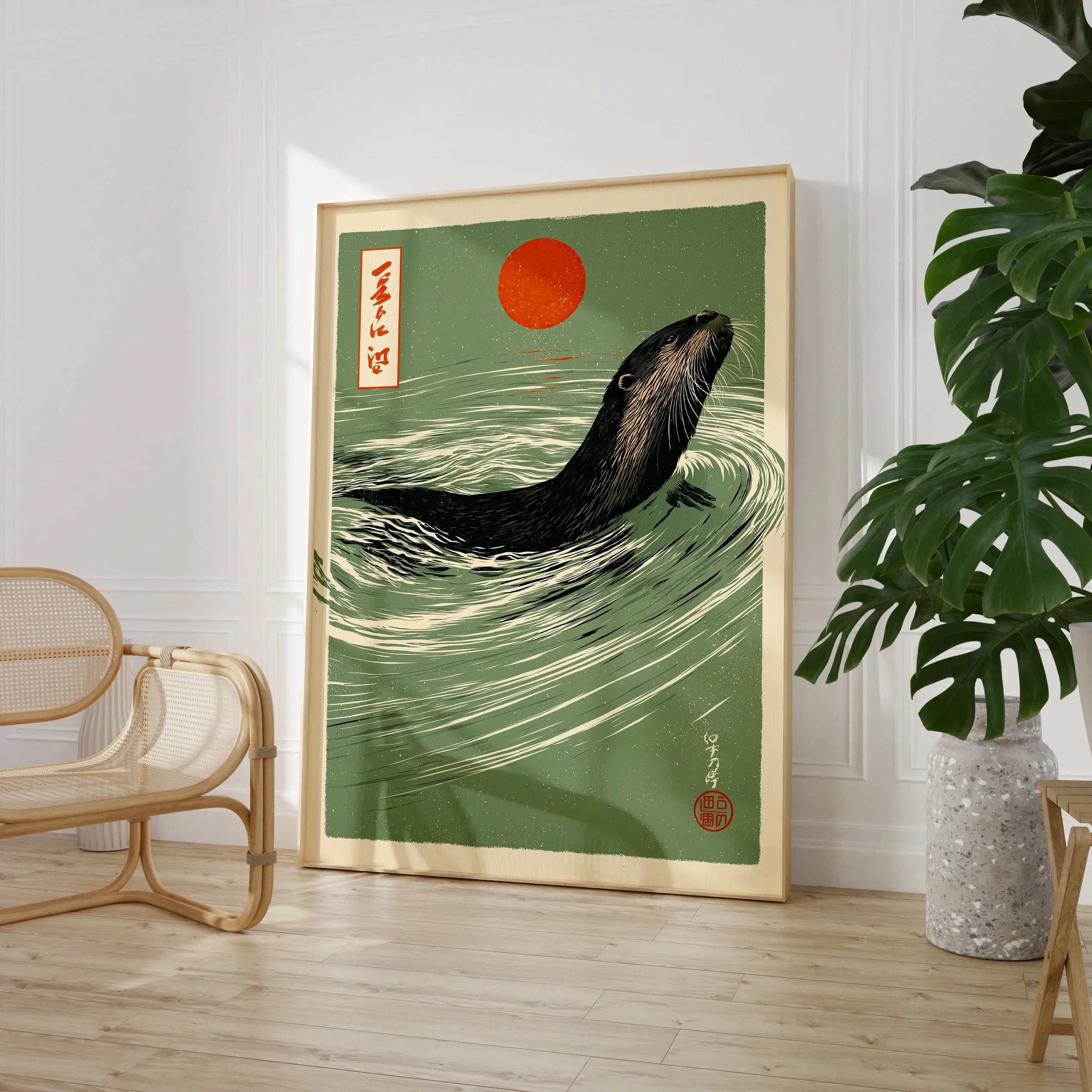 Japanese Otter Art Print – Vintage Wave Wall Art — large framed print room setting chair plant