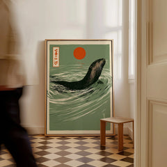 Japanese Otter Art Print – Vintage Wave Wall Art — framed canvas on floor man walking past