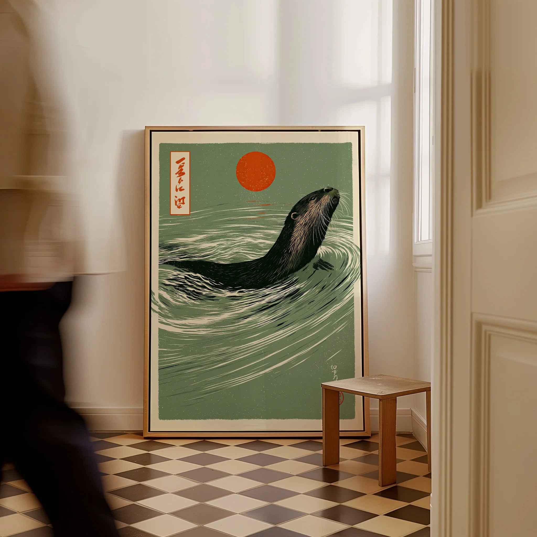 Japanese Otter Art Print – Vintage Wave Wall Art — framed canvas on floor man walking past