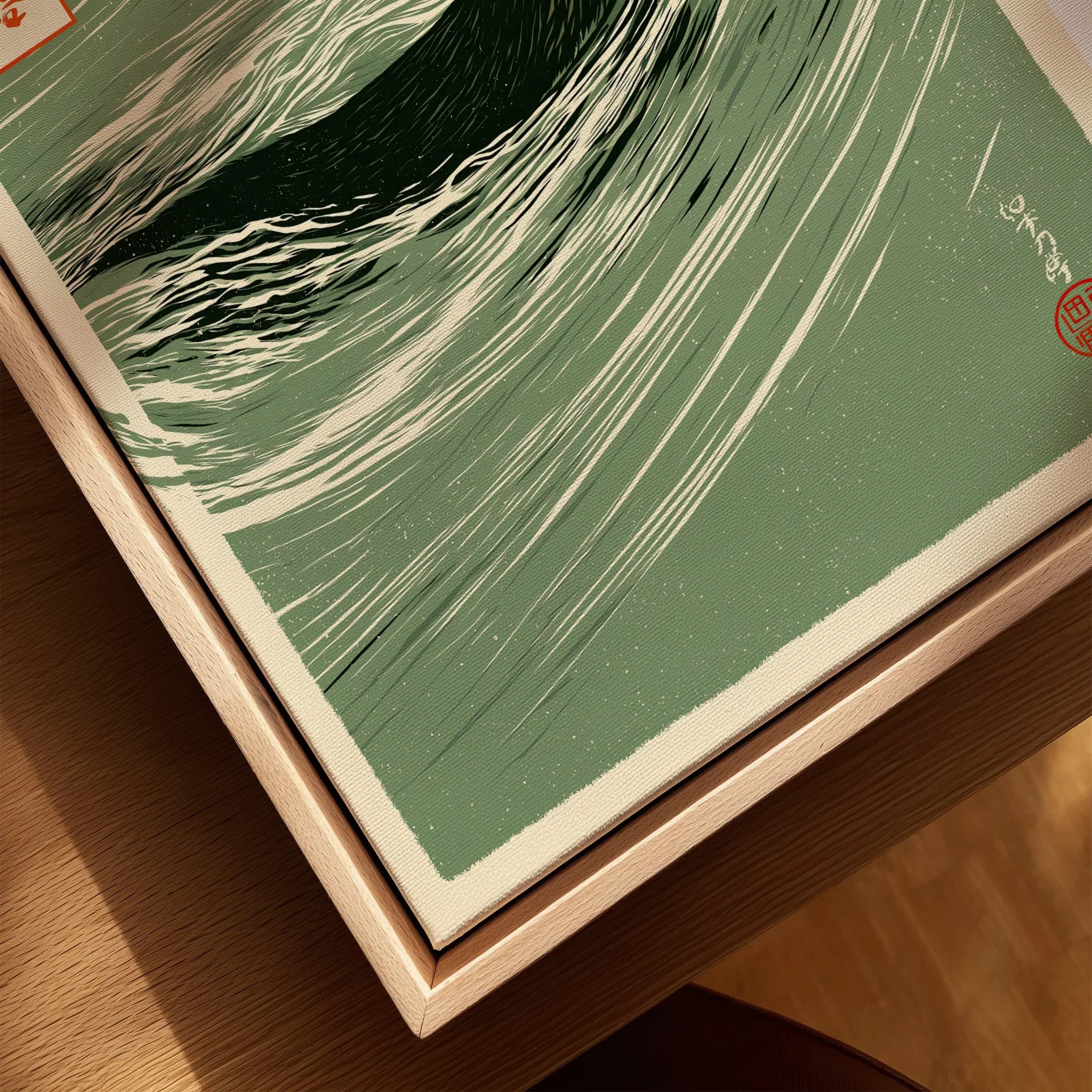 Japanese Otter Art Print – Vintage Wave Wall Art — closeup framed canvas natural wood floating frame