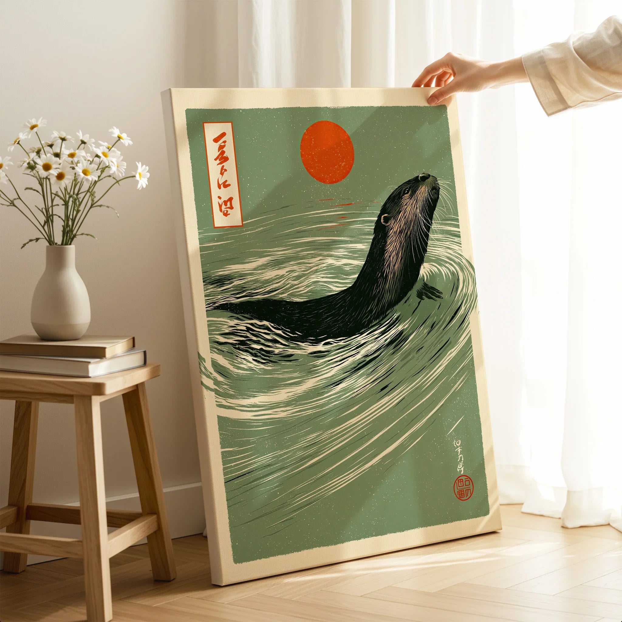 Japanese Otter Art Print – Vintage Wave Wall Art — canvas print mirror edge hand holding room setting