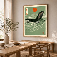 Japanese Otter Art Print – Vintage Wave Wall Art — dining room framed print natural wood frame