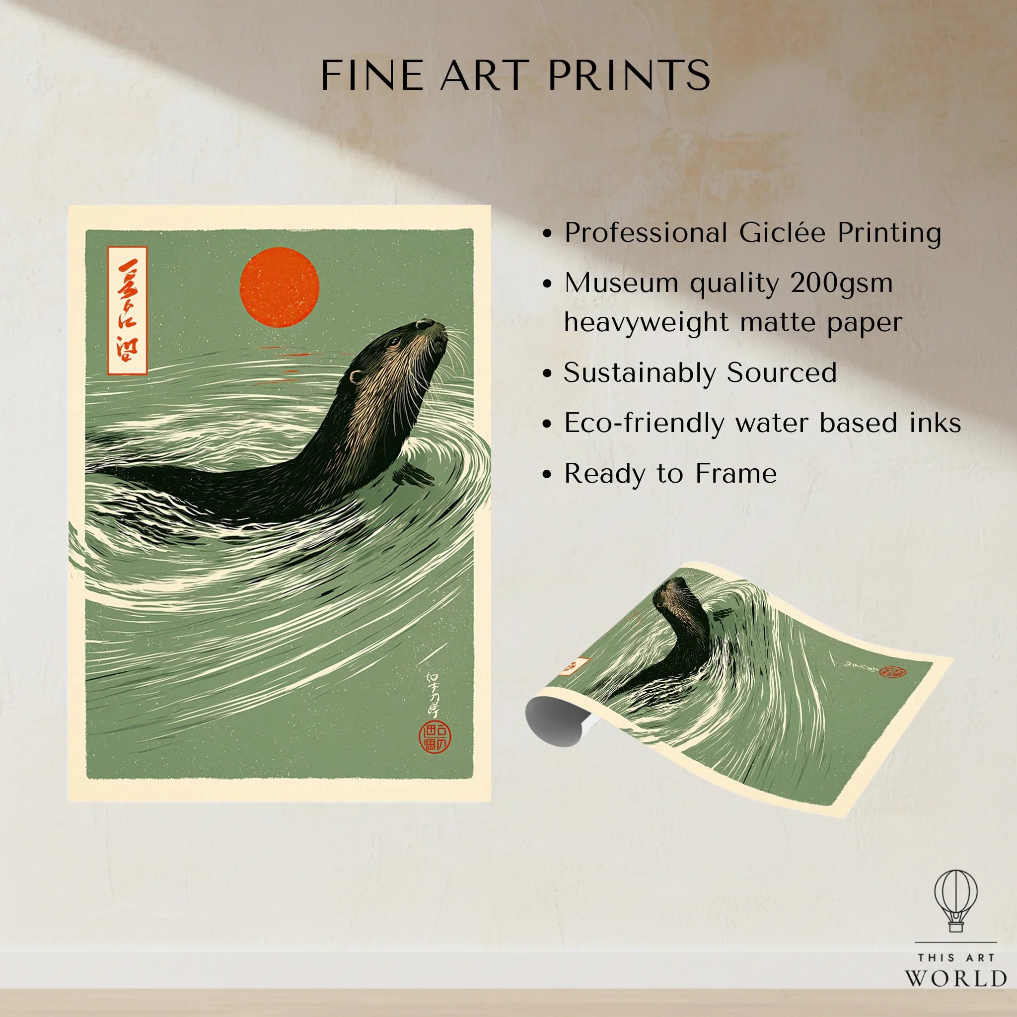 Japanese Otter Art Print – Vintage Wave Wall Art — fine art print unframed quality details