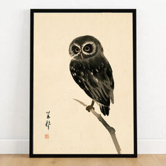 Japanese Owl Art Print – Vintage Japanese Bird Wall Art — art print in black frame on wooden floor