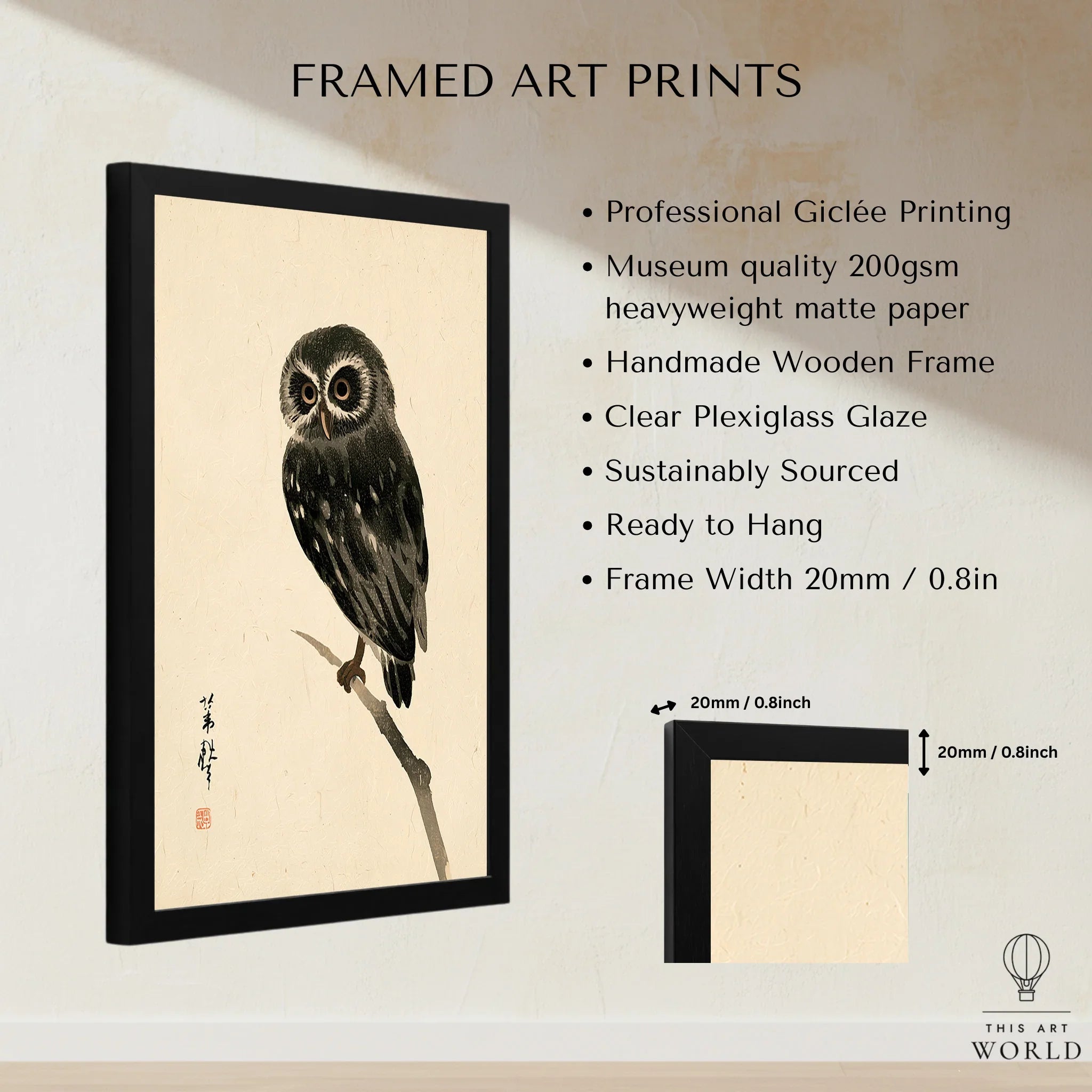 Japanese Owl Art Print – Vintage Japanese Bird Wall Art — framed print details measurements quality details