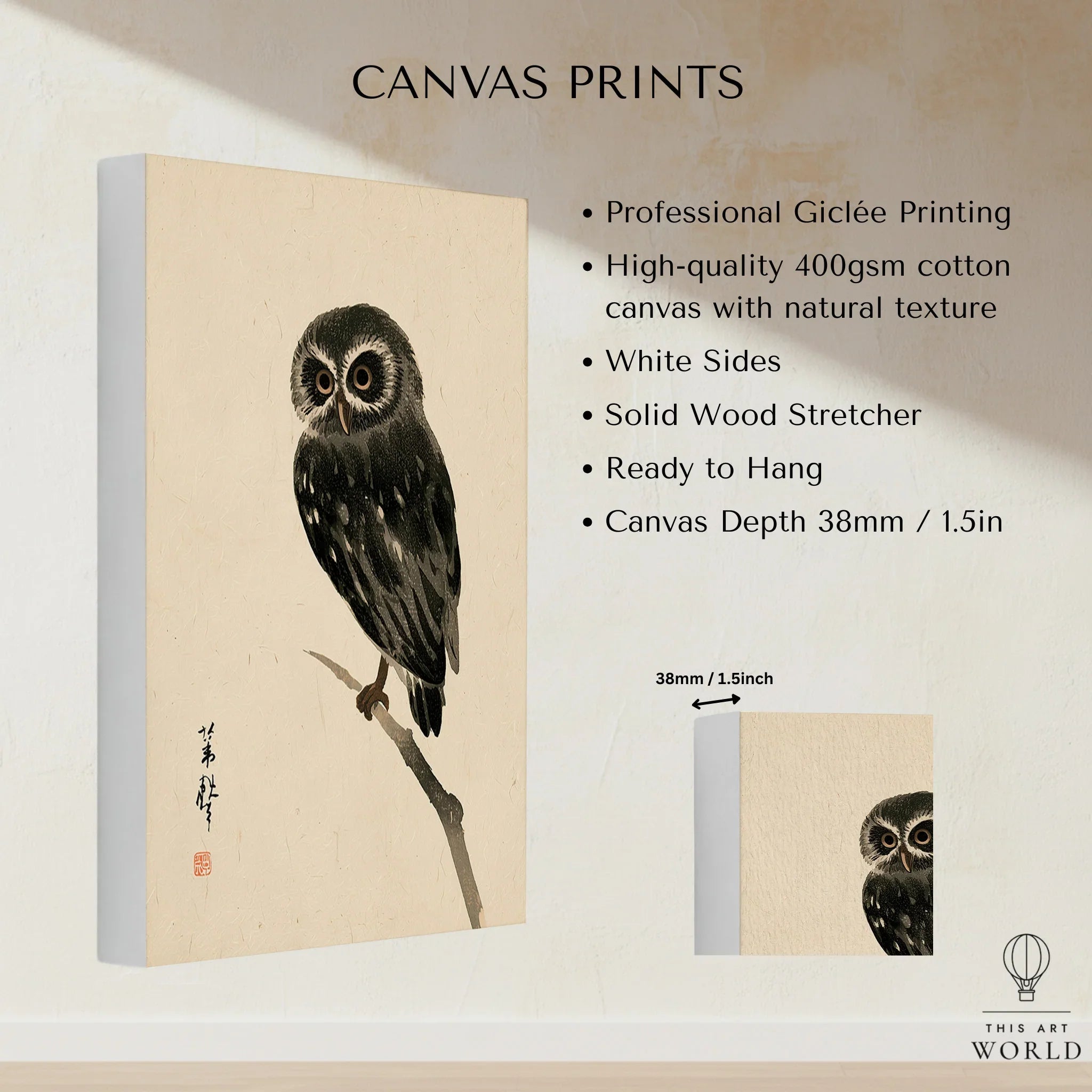 Japanese Owl Art Print – Vintage Japanese Bird Wall Art — canvas print stretched cotton canvas details