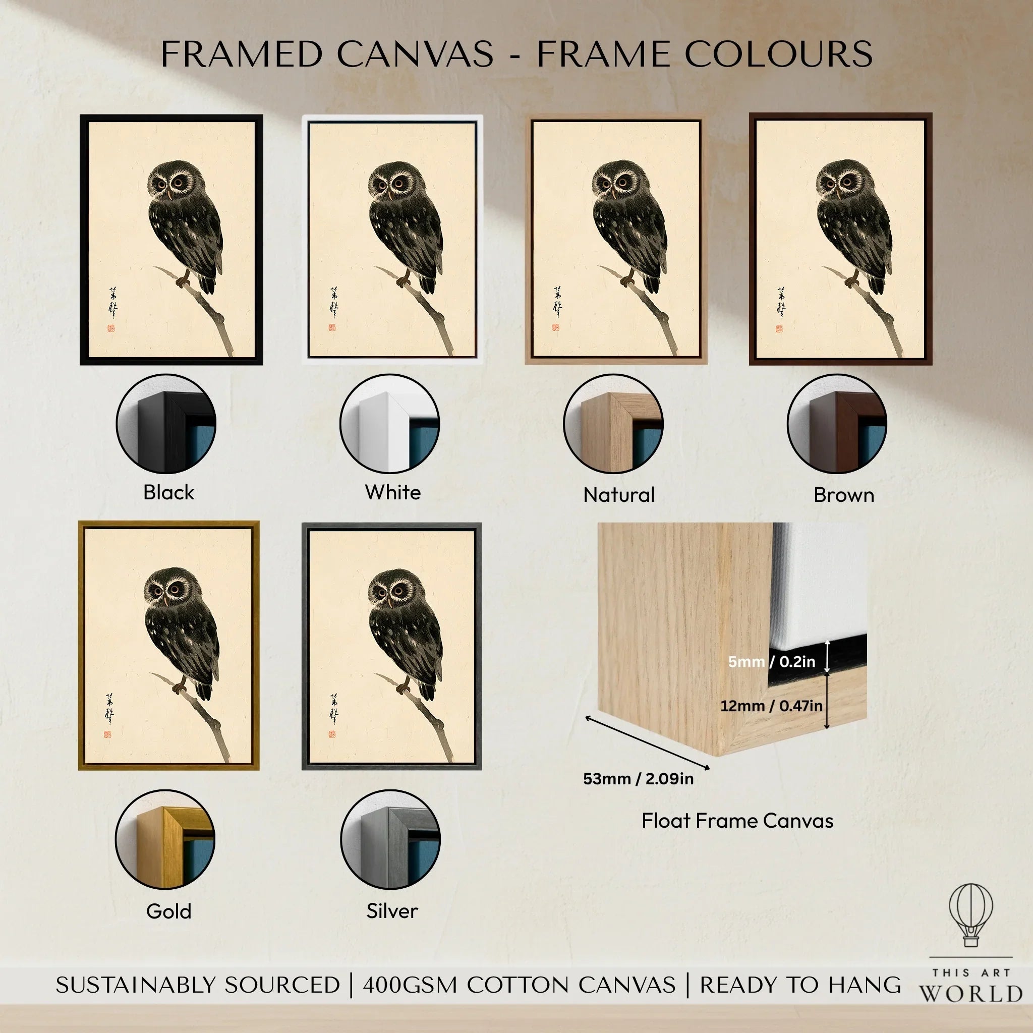 Japanese Owl Art Print – Vintage Japanese Bird Wall Art — framed canvas float frame colour options