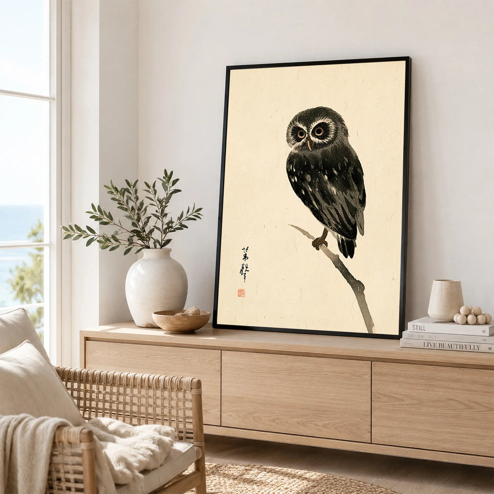 Japanese Owl Art Print – Vintage Japanese Bird Wall Art — framed artwork living room lifestyle setting