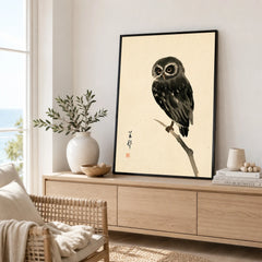 Japanese Owl Art Print – Vintage Japanese Bird Wall Art — framed artwork living room lifestyle setting