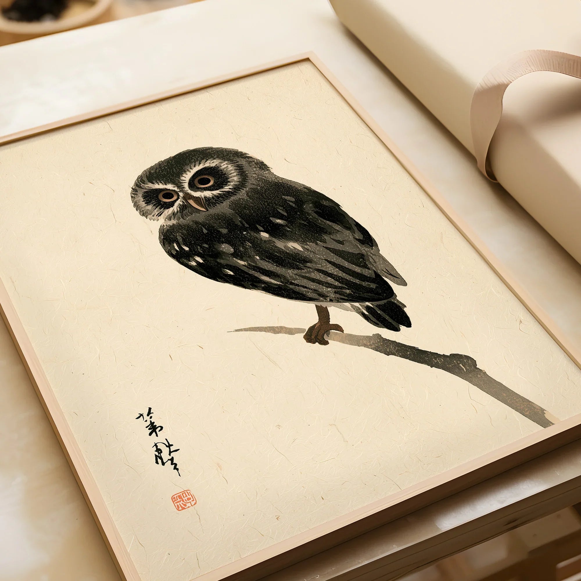 Japanese Owl Art Print – Vintage Japanese Bird Wall Art — framed art print closeup gift unwrapped natural frame