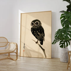 Japanese Owl Art Print – Vintage Japanese Bird Wall Art — large framed print room setting chair plant